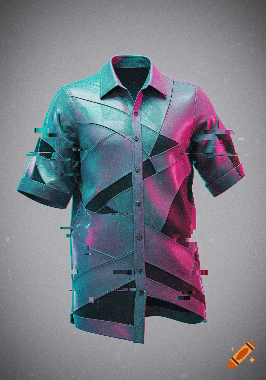 A surreal, impossible-structured short-sleeved shirt with teal and magenta glitch effects, on a grey background.