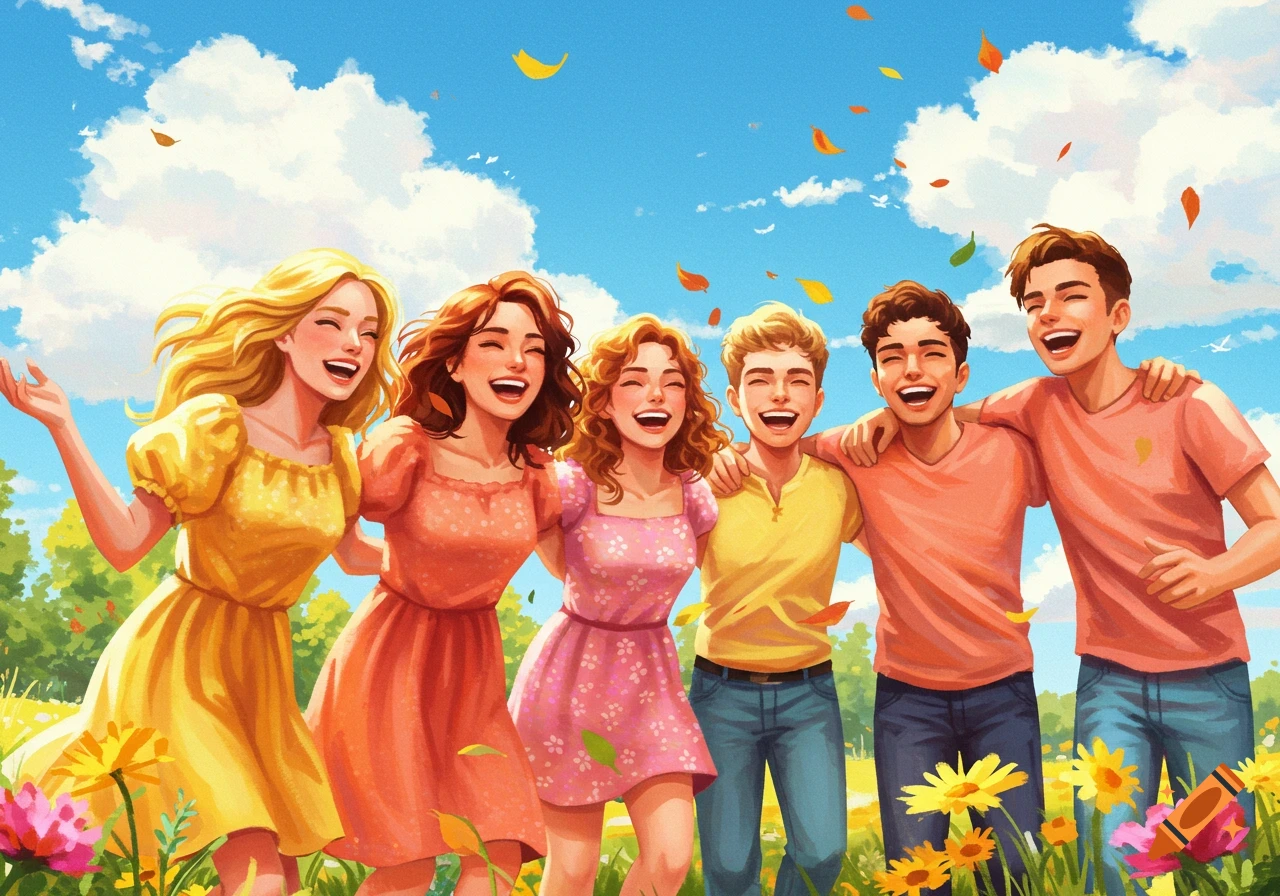 Vibrant illustration of five laughing friends embracing in a sunny field with flowers and falling leaves.