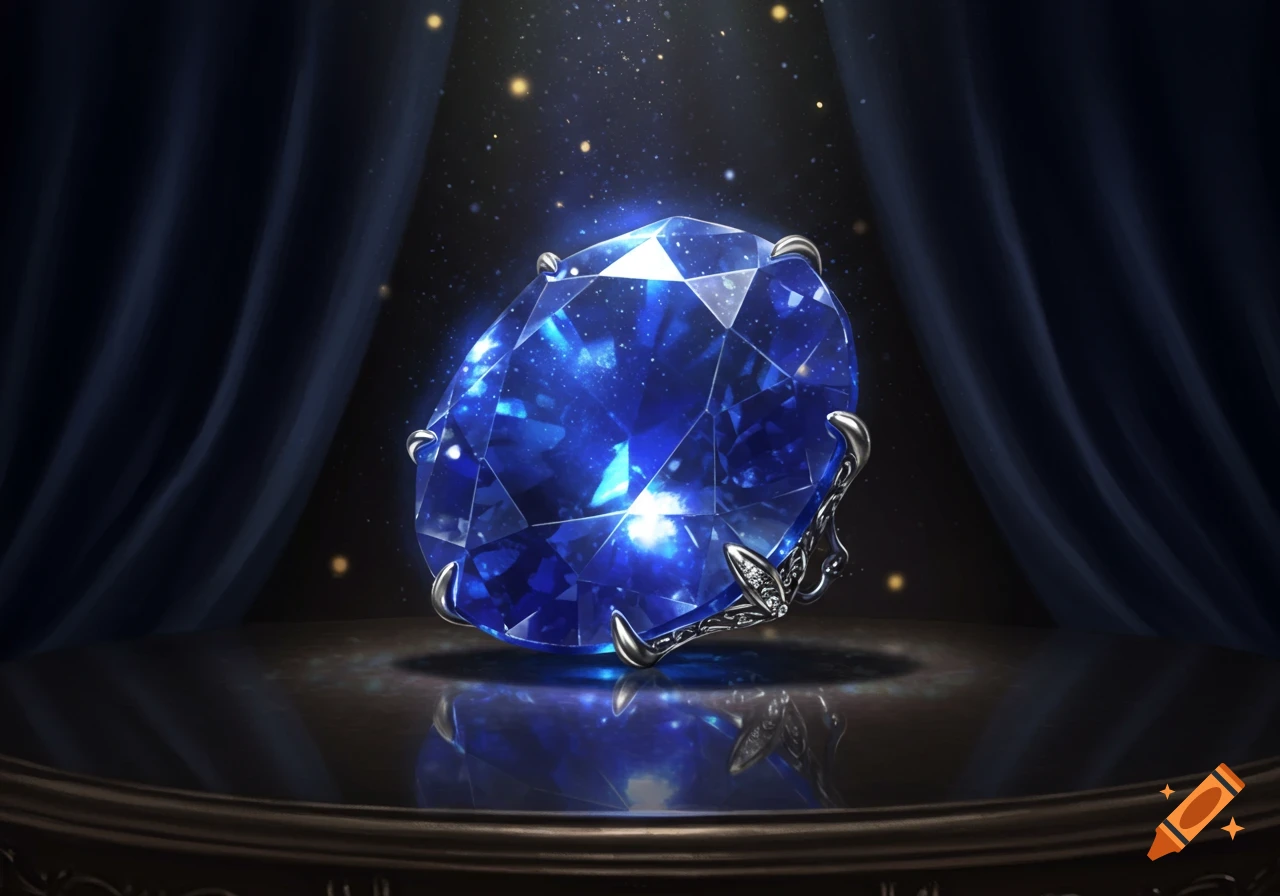 A large, sparkling blue sapphire gem with an ornate silver setting, displayed on a reflective surface against dark blue curtains.