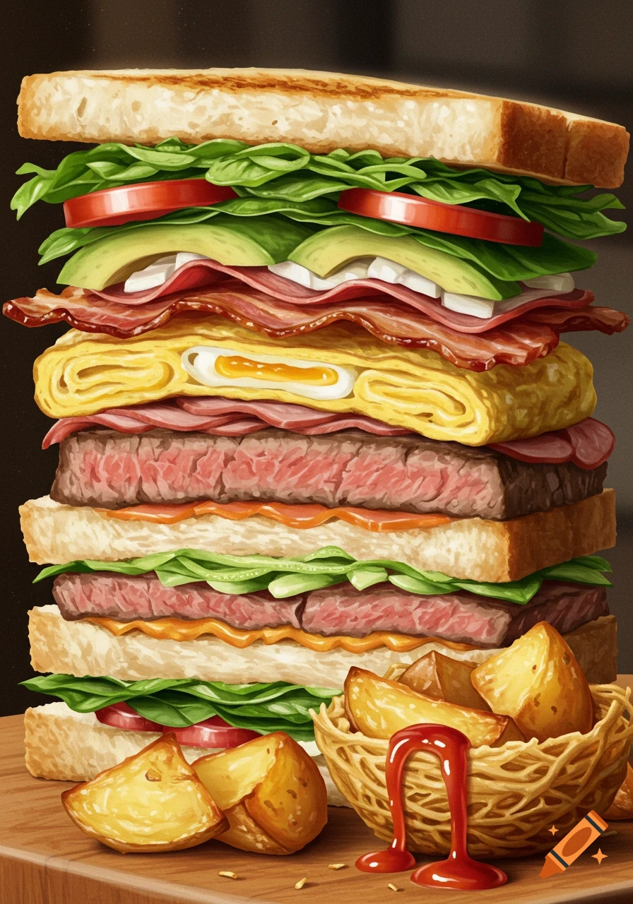 A towering club sandwich with meat, egg, and vegetables, alongside roasted potato wedges and ketchup, in an illustrative style.