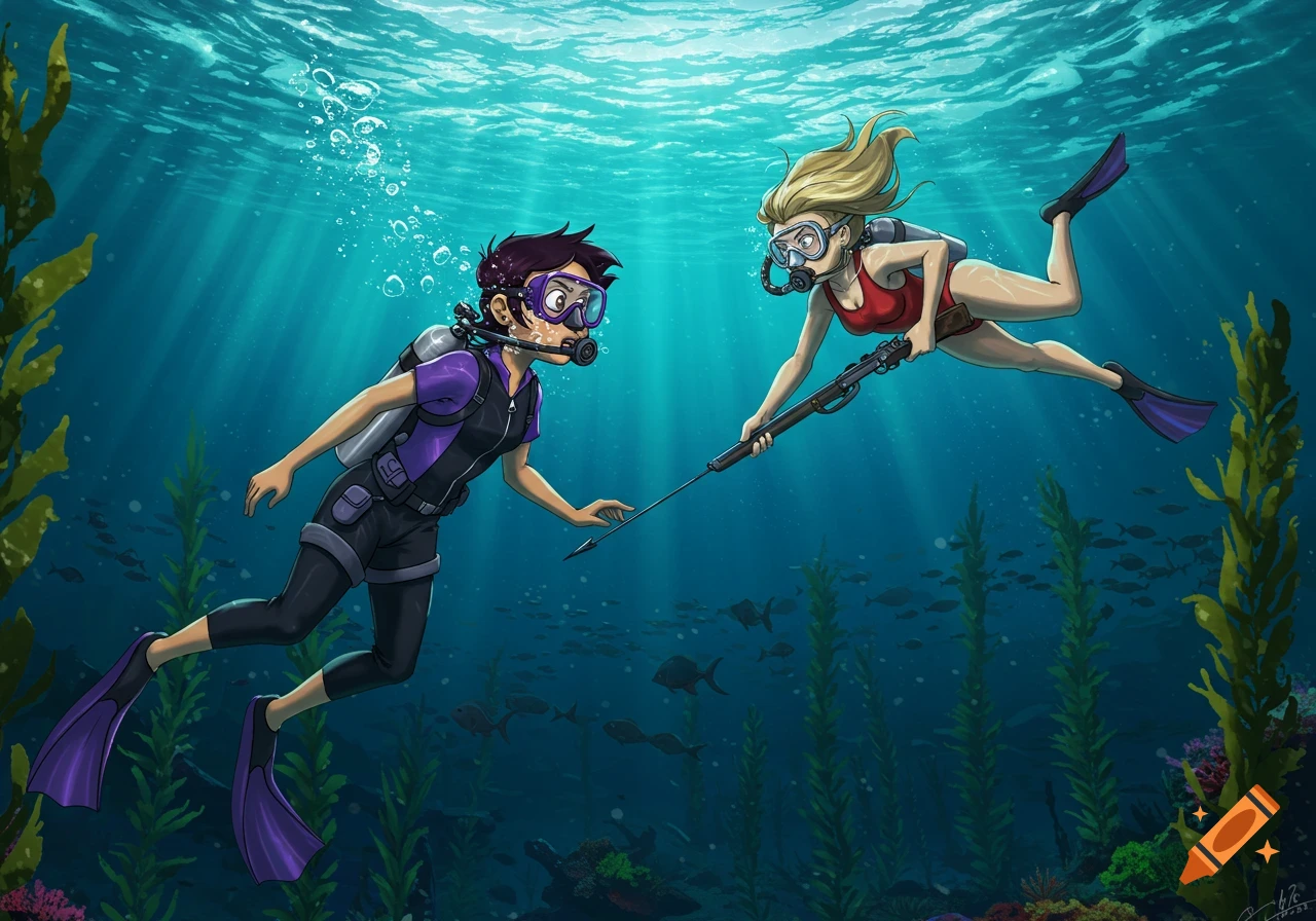 Cartoon of two female scuba divers underwater; one in a purple suit, the other in red holding a speargun.