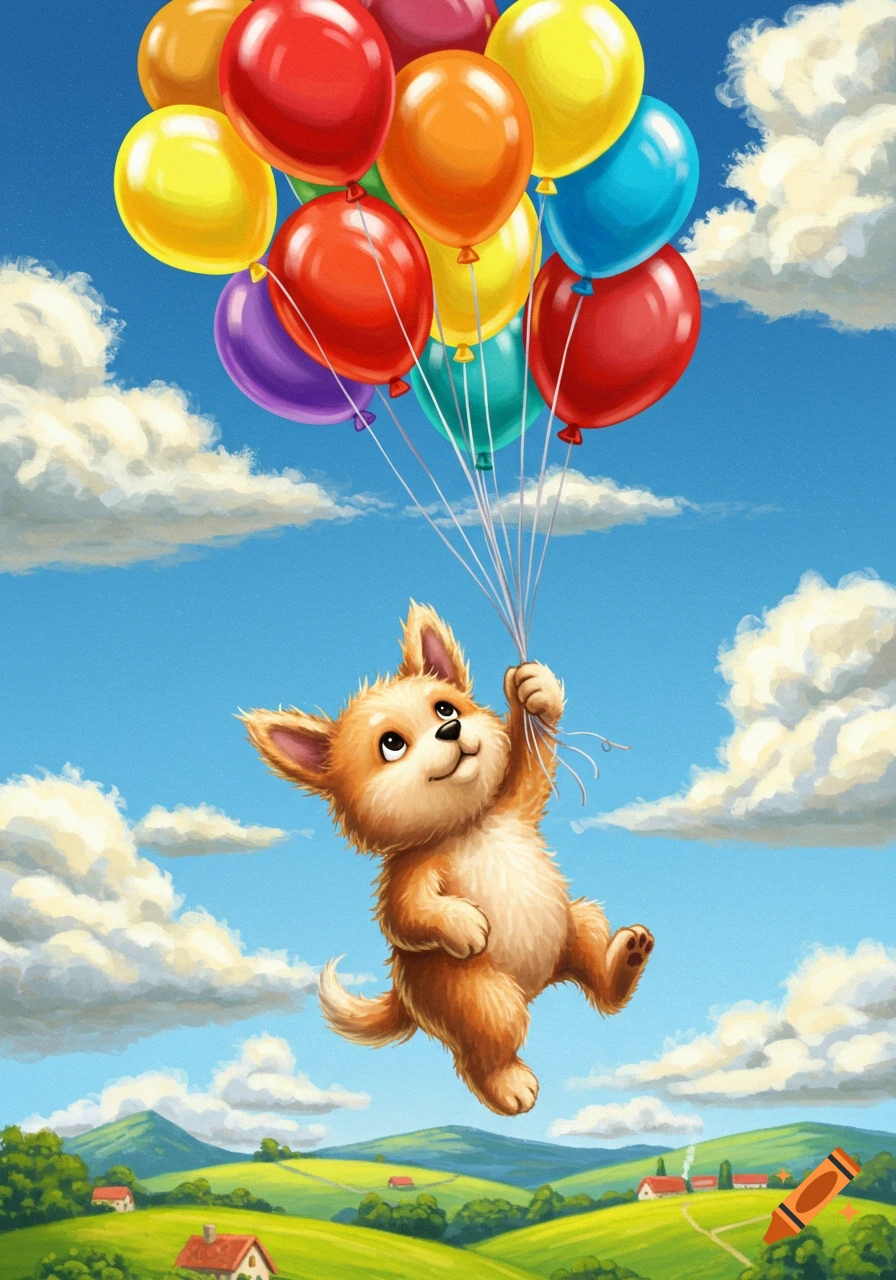 A cute, fluffy cartoon dog floats in a bright blue sky, holding a large bunch of colorful balloons over a green landscape.