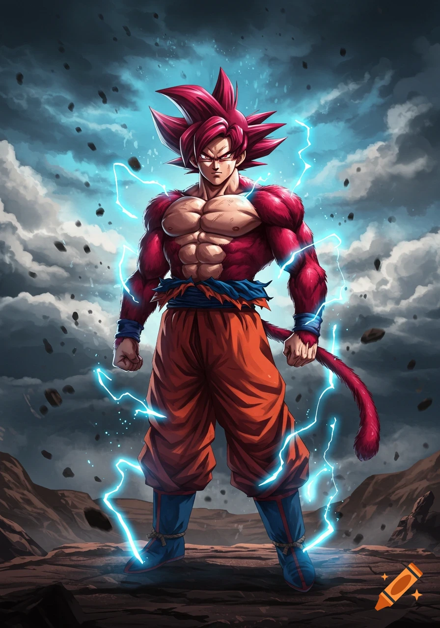 A powerful Super Saiyan 4 Goku stands in a dynamic pose, surrounded by blue lightning and debris against a stormy sky in an anime art style.