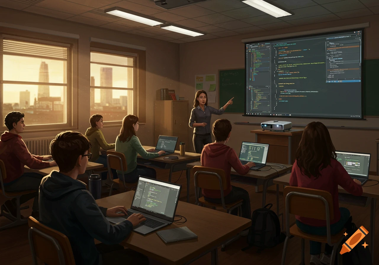 A teacher points at a projector screen displaying code while students work on laptops in a sunlit classroom, learning computer skills.