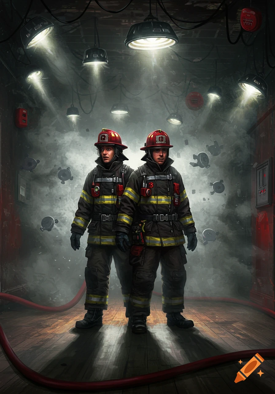 Two firefighters in full gear stand in a smoky room illuminated by overhead lights, surrounded by numerous floating smoke alarms. The scene has a dramatic, illustrative style.