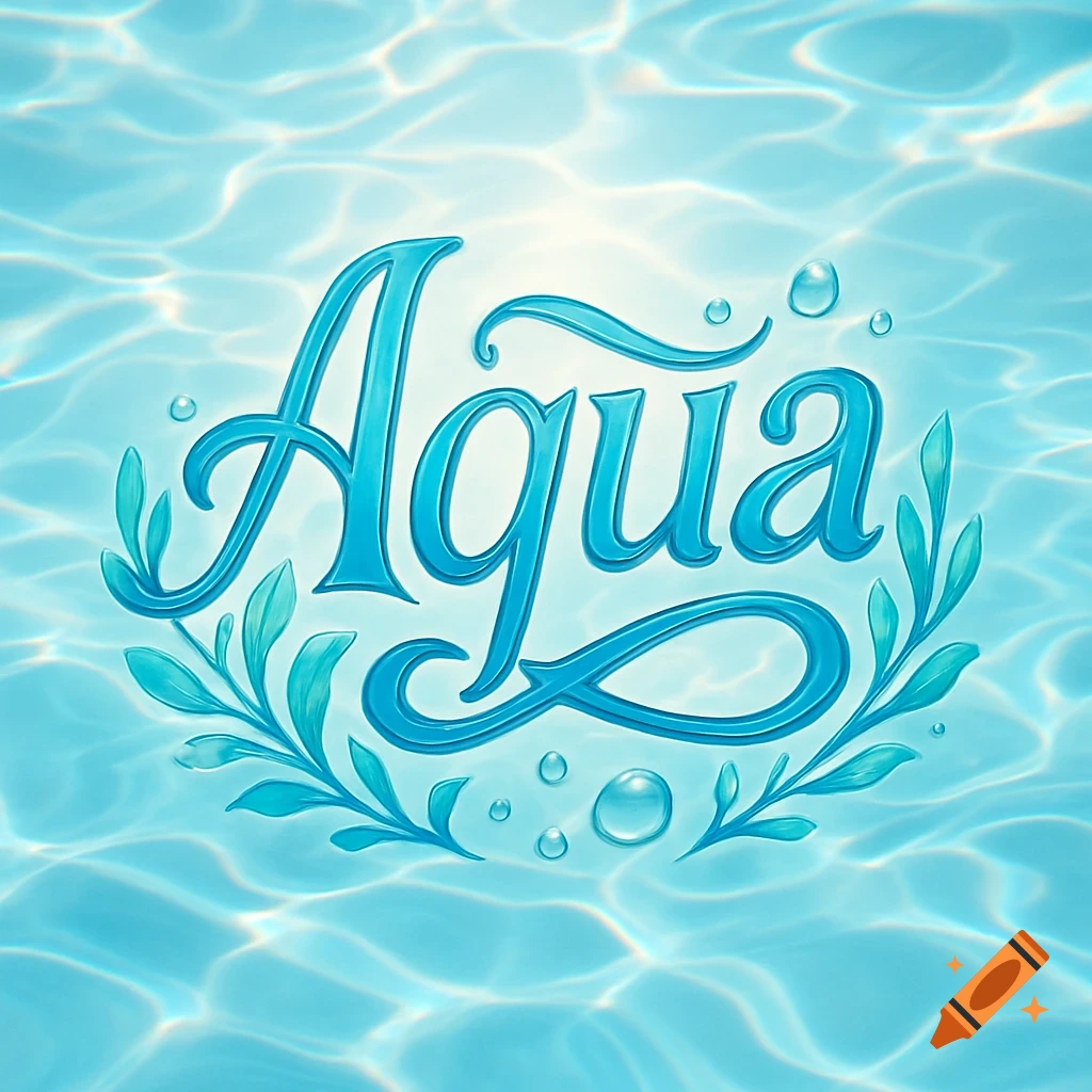 Stylized blue 'Aqua' logo with elegant script, water droplets, and botanical leaves against a shimmering light blue water background.