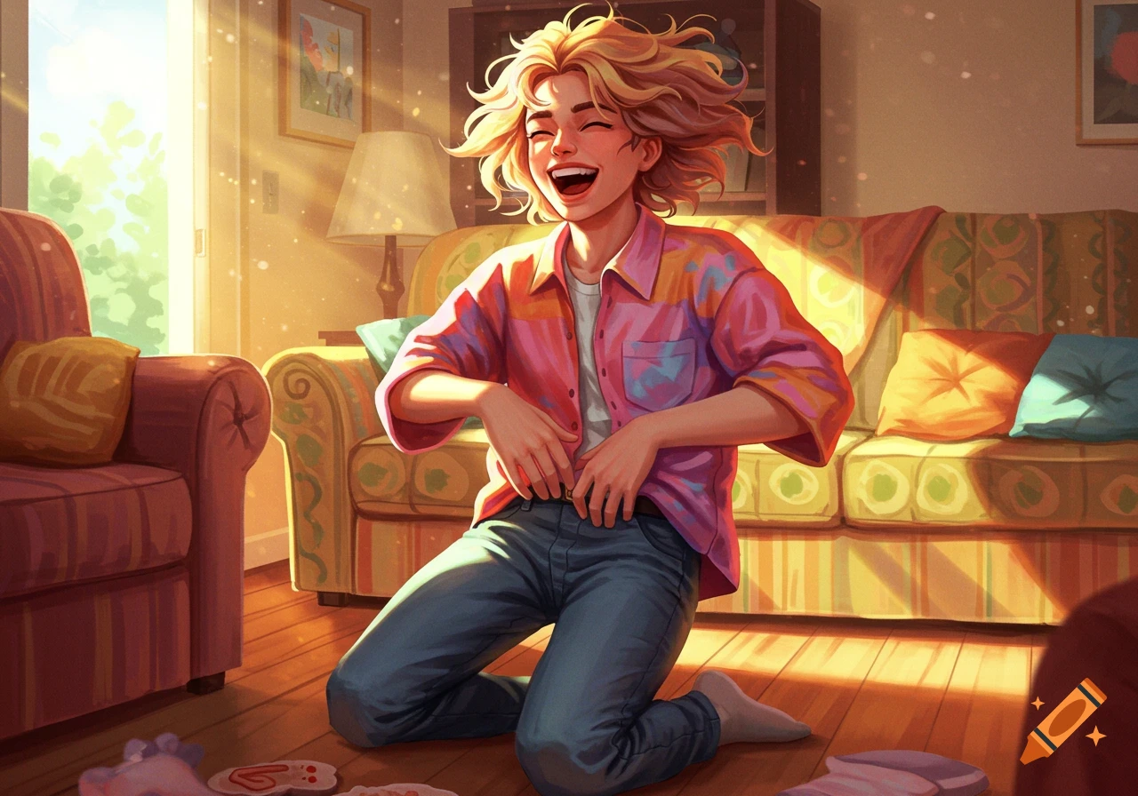 A joyful person with curly blonde hair kneels on a wooden floor in a sunlit living room, laughing and holding their stomach, in an illustration style.