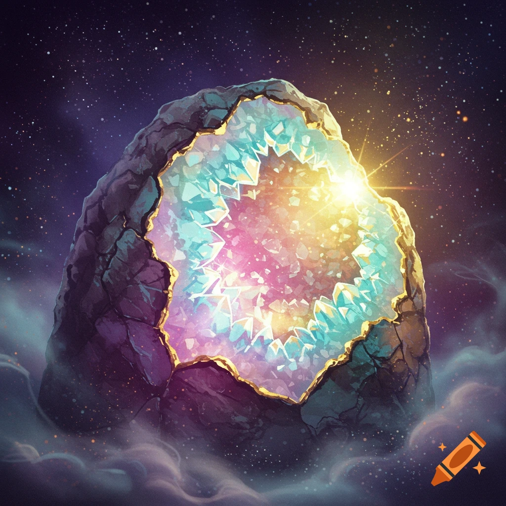 A vibrant geode with glowing pink, blue, and yellow crystals, surrounded by a cosmic starry sky and ethereal clouds.