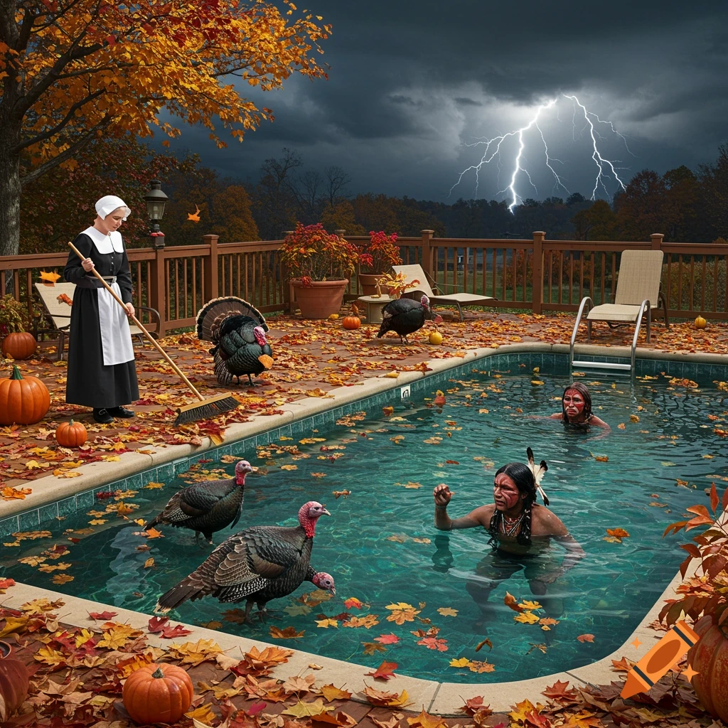 Pilgrim sweeps autumn leaves on a deck next to a pool where Native Americans swim with turkeys, under a stormy sky with lightning.