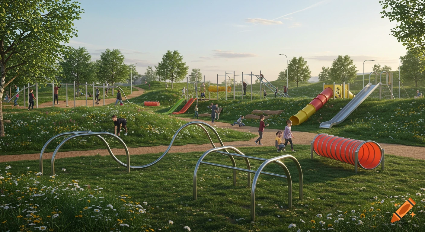 A photorealistic park features calisthenics equipment, slides, and tunnels on grassy hillsides with trees, frequented by children and adults.