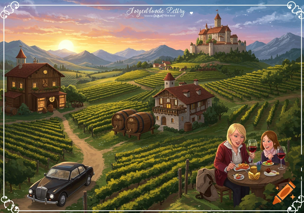 Two women enjoy food and wine at an outdoor table in a lush vineyard valley with houses, a castle, and mountains under a sunset sky, in a vibrant, stylized art style.