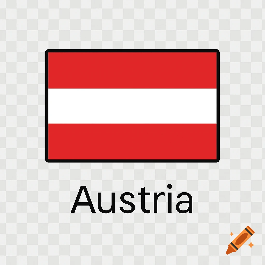 The flag of Austria, a rectangle with red, white, and red horizontal stripes, with the word 'Austria' below on a transparent background.