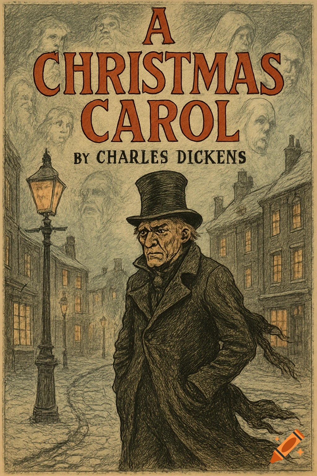 2D hand-drawn book cover for 'A Christmas Carol' featuring a grumpy Ebenezer Scrooge in a top hat on a snowy street, with ghostly faces above him.