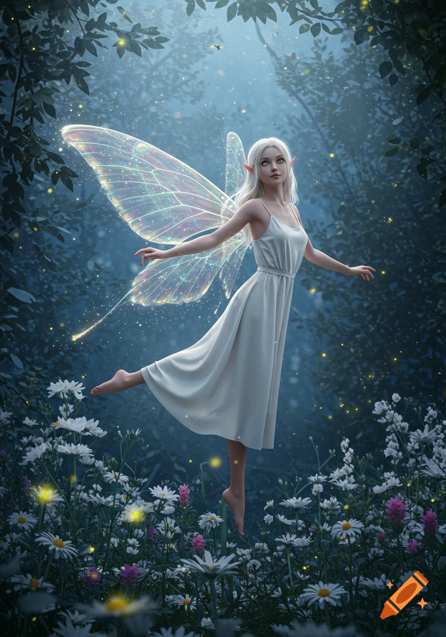 A beautiful fairy with white hair and glowing translucent wings floats gracefully above white flowers in an enchanted forest.