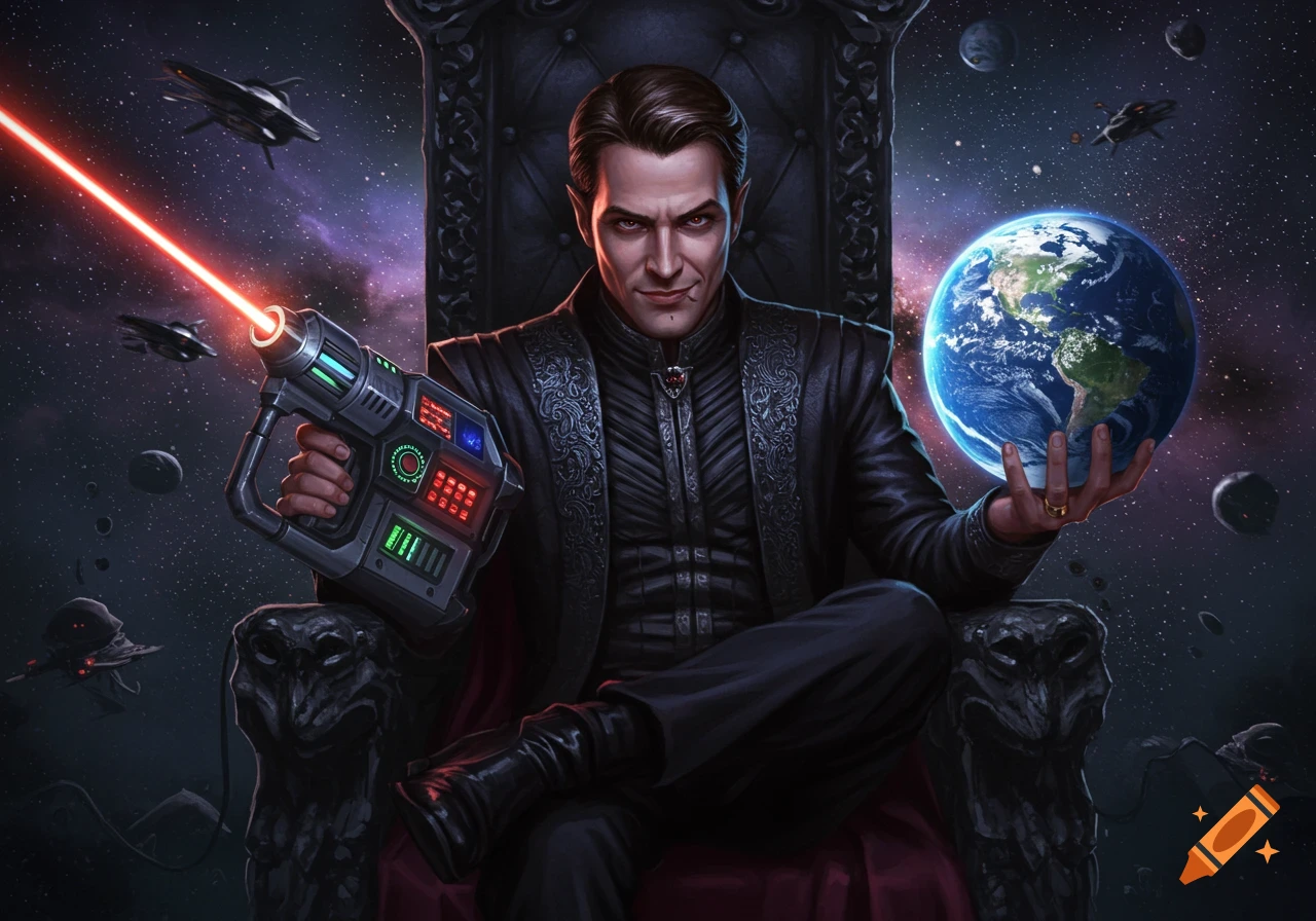 Photorealistic image of a sinister villain on a throne in space, holding Earth and firing a laser gun.
