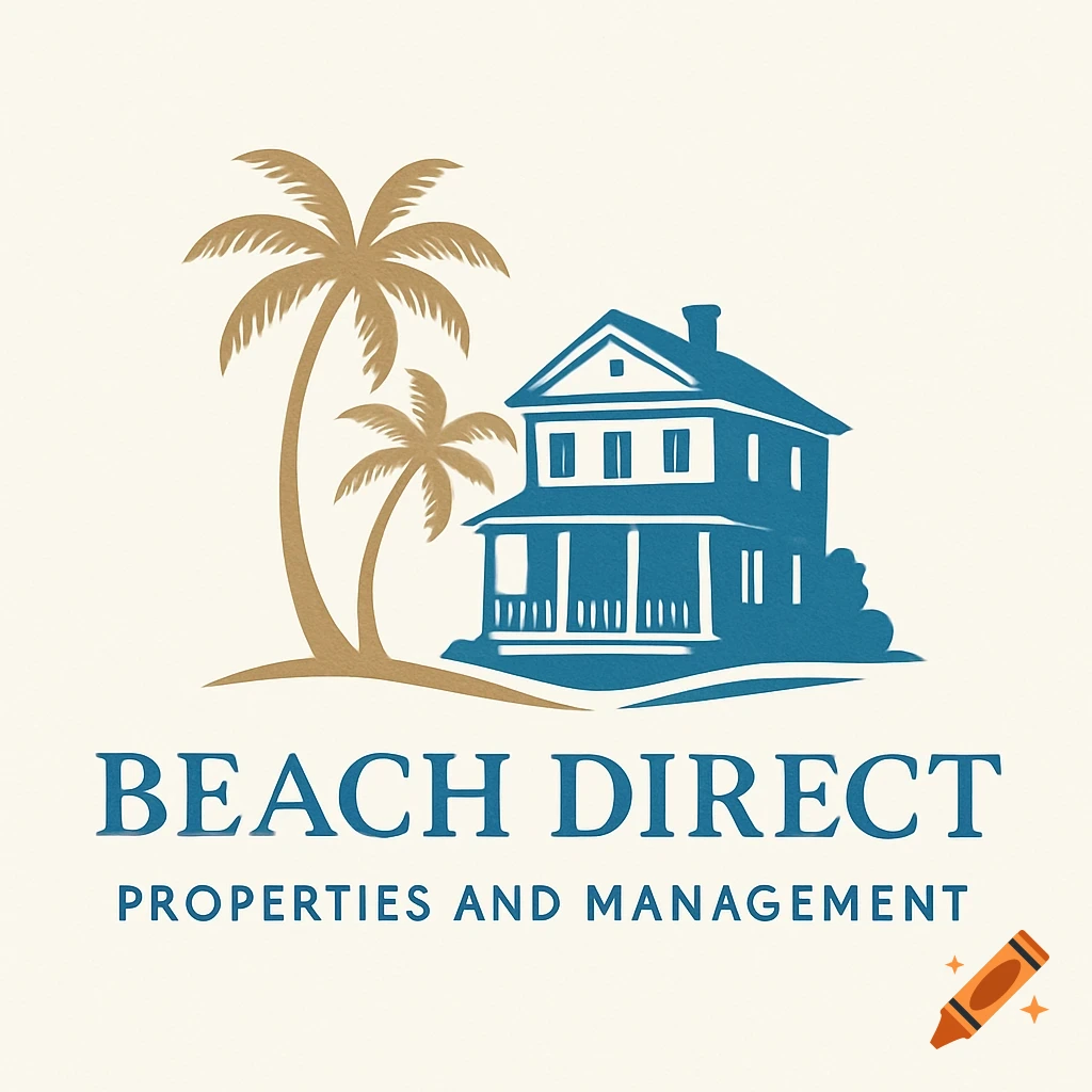 A logo featuring a blue house and two golden palm trees, with the text 'Beach Direct Properties and Management'.