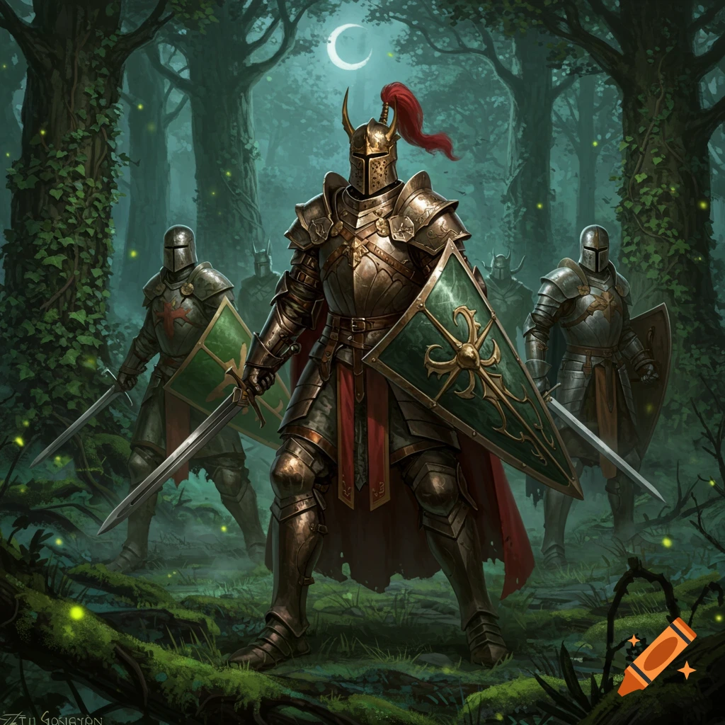 A group of armored knights with swords and shields stand in a dark, mossy fantasy forest under a crescent moon.
