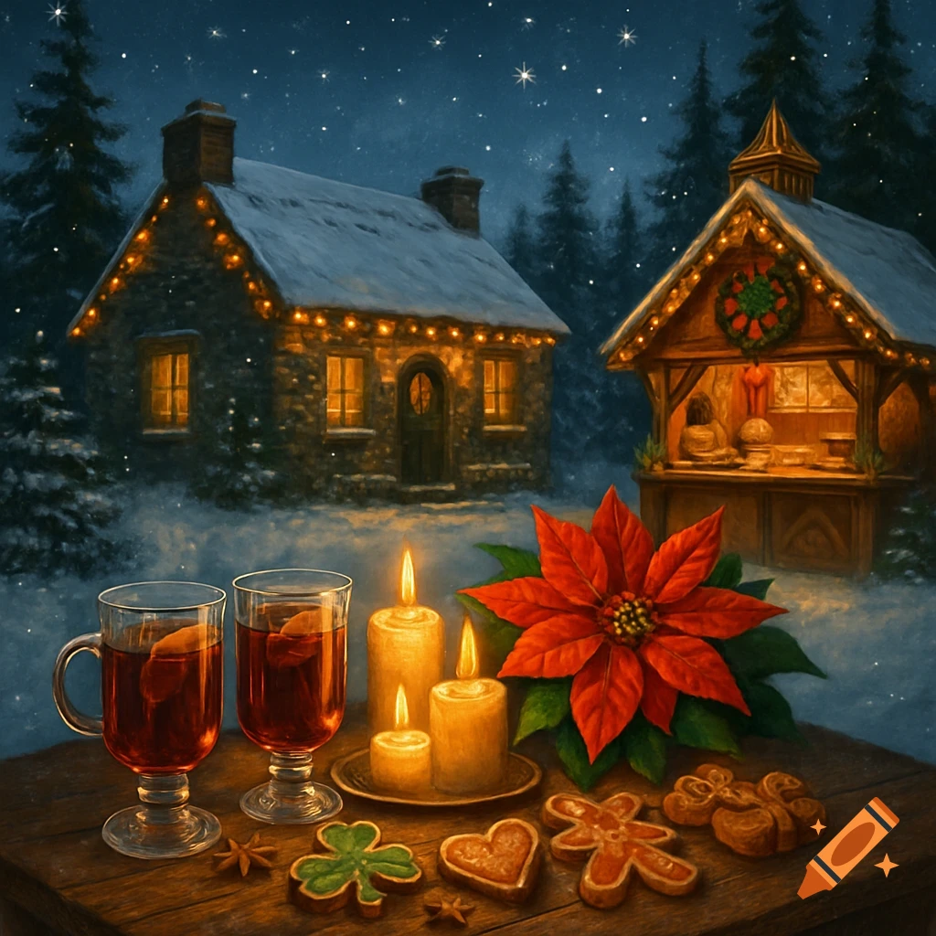 A festive winter night scene with snow-covered cabins and market stalls. A wooden table in the foreground holds mulled wine, candles, a poinsettia, and gingerbread cookies.