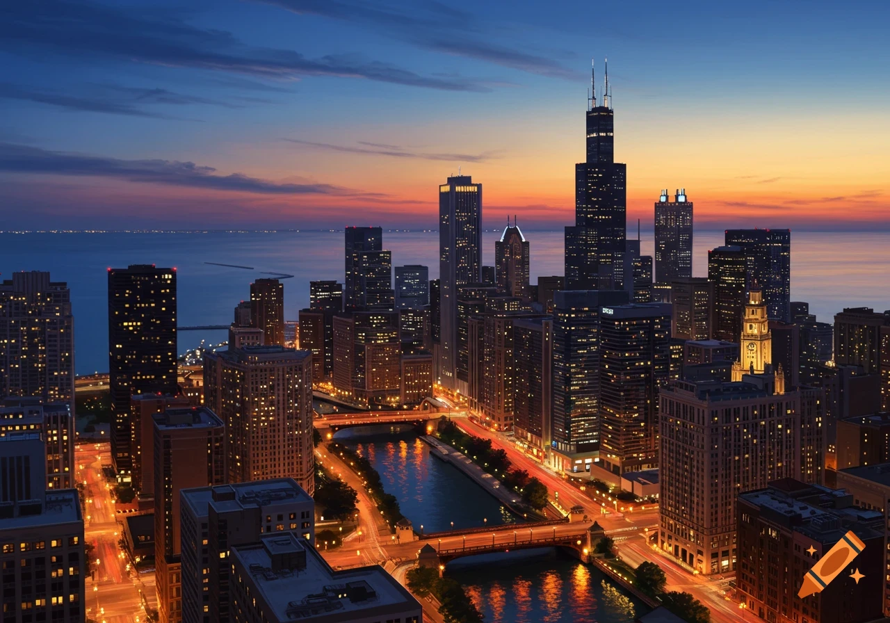Photorealistic aerial view of the Chicago skyline at dusk, with city lights reflecting in the river and Lake Michigan.