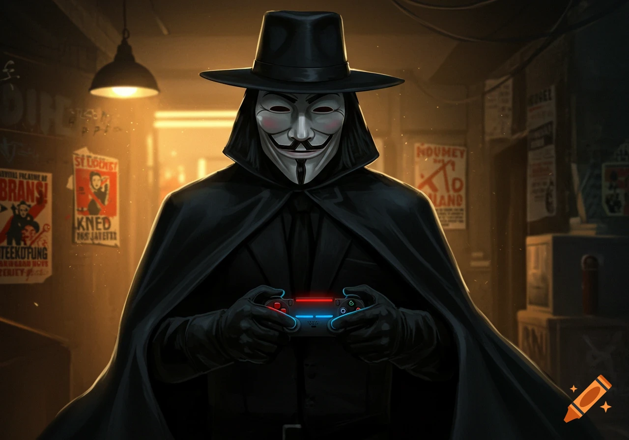V from V for Vendetta, wearing his iconic mask, hat, and cloak, holds a glowing video game controller in a dimly lit alley.
