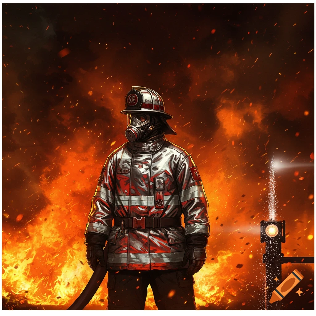 A stylized illustration of a firefighter in full gear, wearing a gas mask and helmet, standing against a backdrop of intense flames and sparks.