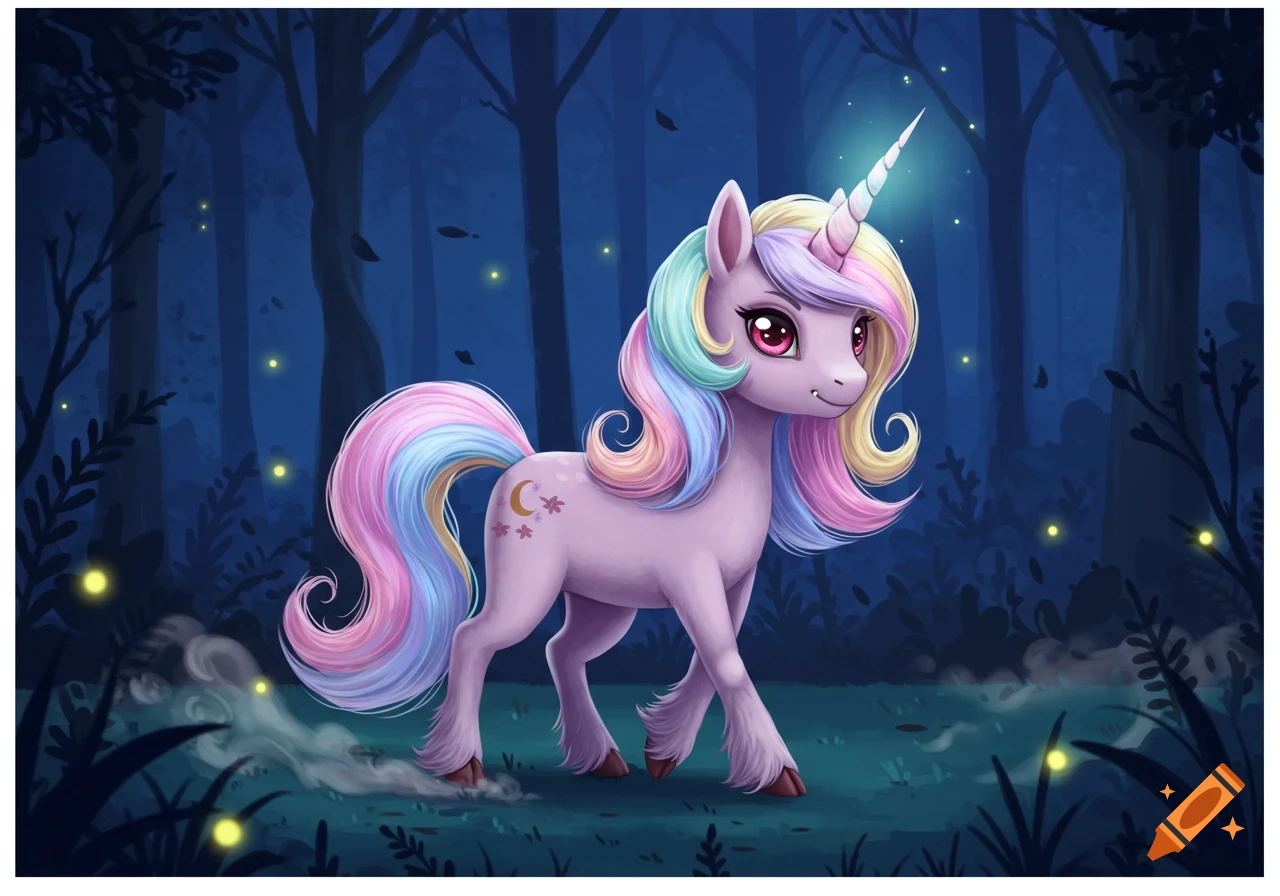 A cute purple unicorn with rainbow mane, tail, and glowing horn in a dark, mystical forest with fireflies, cartoon illustration.