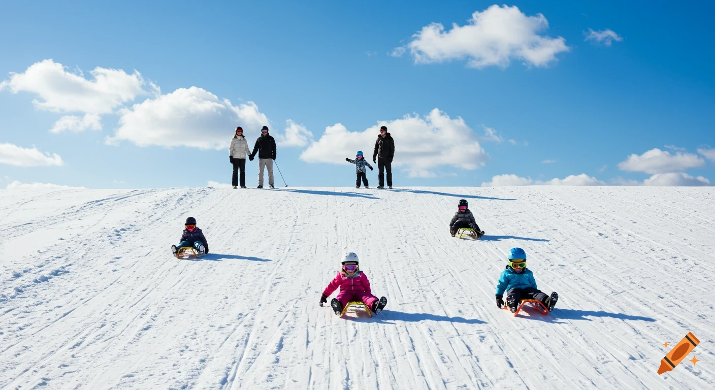 Four adults stand at the top of a snow-covered hill while three children slide down on sleds under a sunny blue sky.