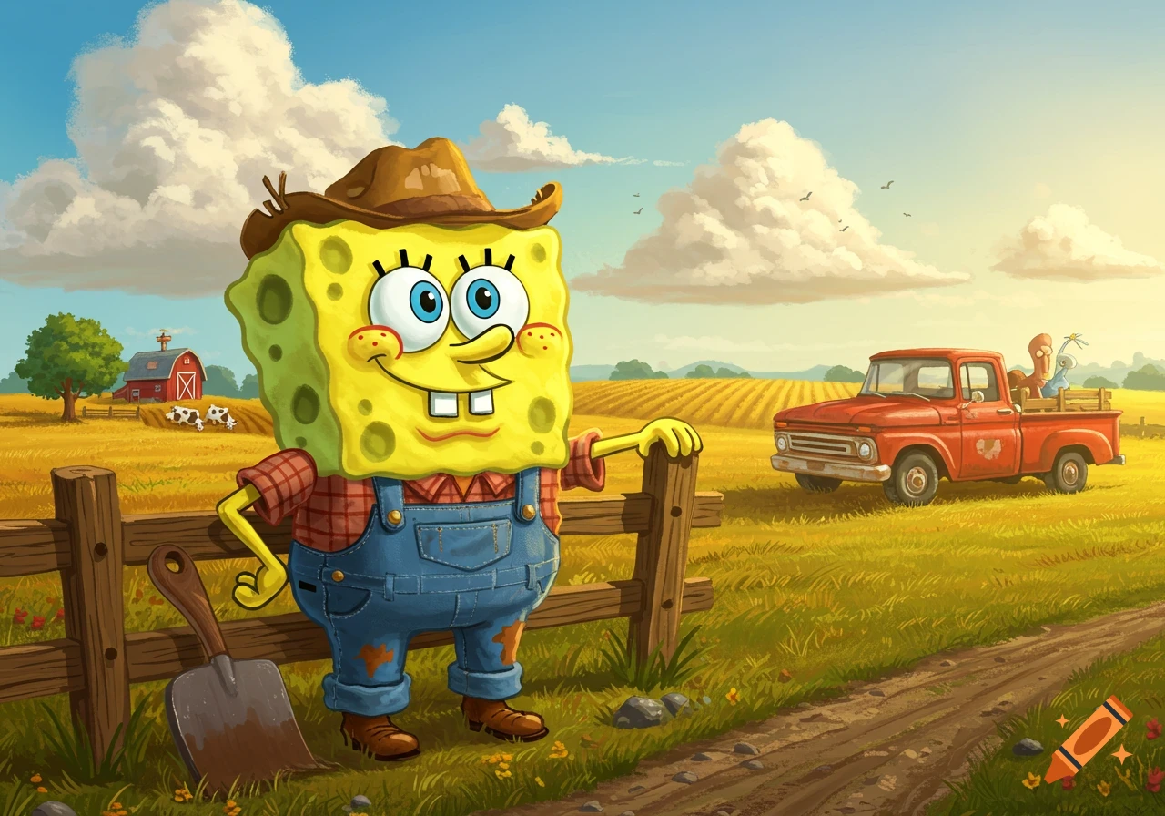 SpongeBob SquarePants as a farmer, wearing a cowboy hat and overalls, leaning on a fence in a sunny field with a red pickup truck and barn.