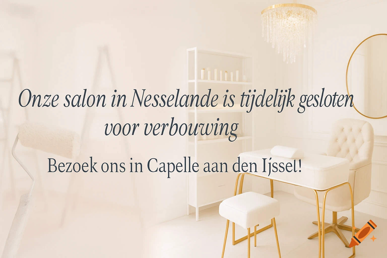 Elegant banner for a beauty salon, showing a paint roller for renovation on the left and a luxurious salon interior on the right.
