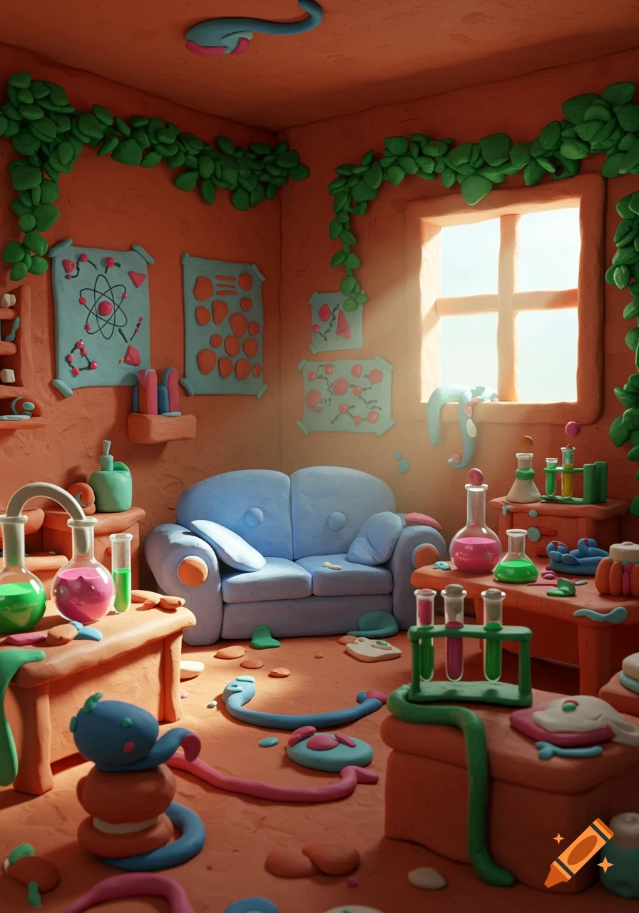 A claymation laboratory room with a blue sofa, various colorful science flasks, and scientific diagrams on the walls. Sunny light streams through a window.