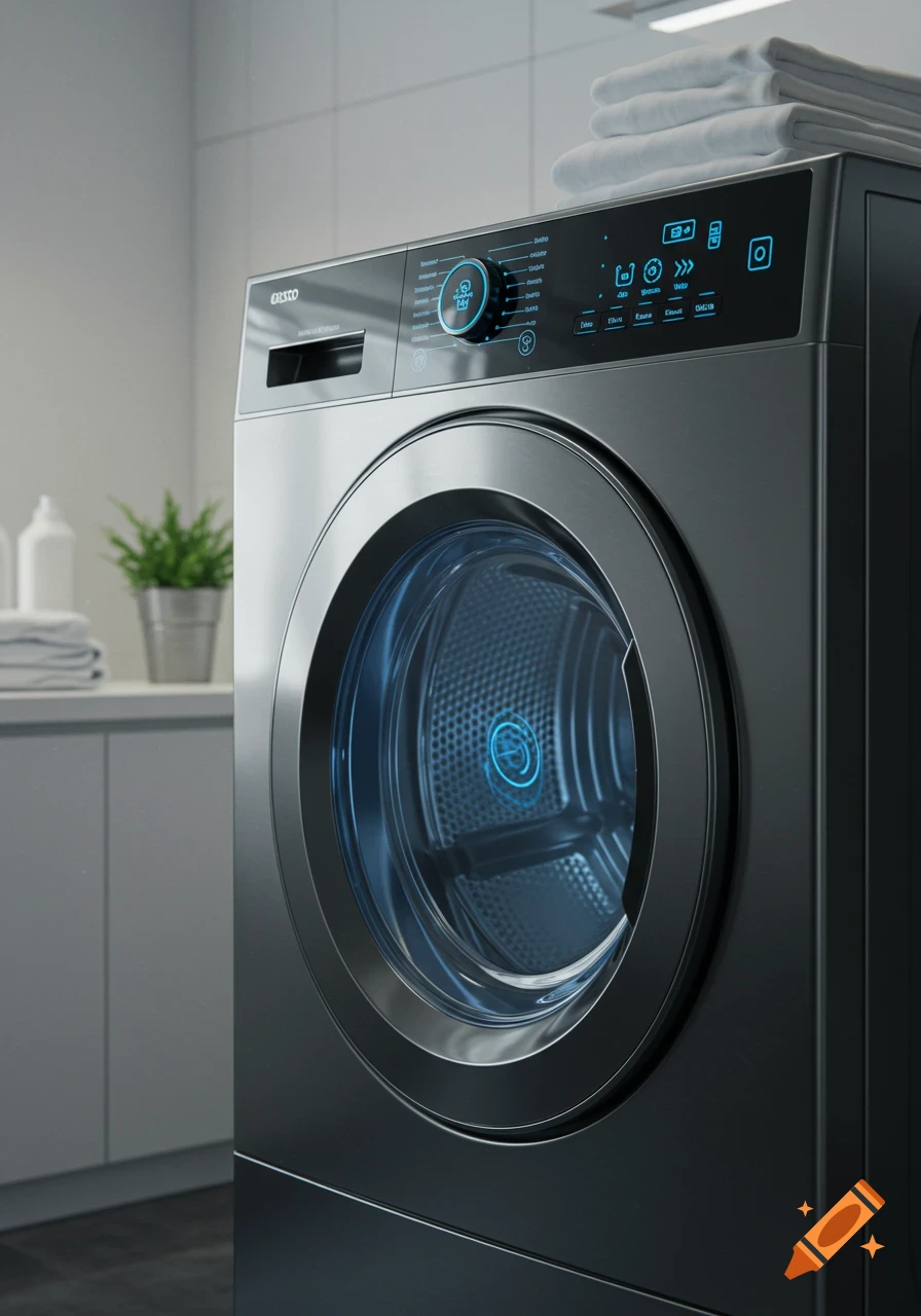 A close-up, eye-level, photorealistic shot of a modern, dark metallic washing machine with a glowing blue control panel and a blue light inside its drum, in a pristine laundry room.