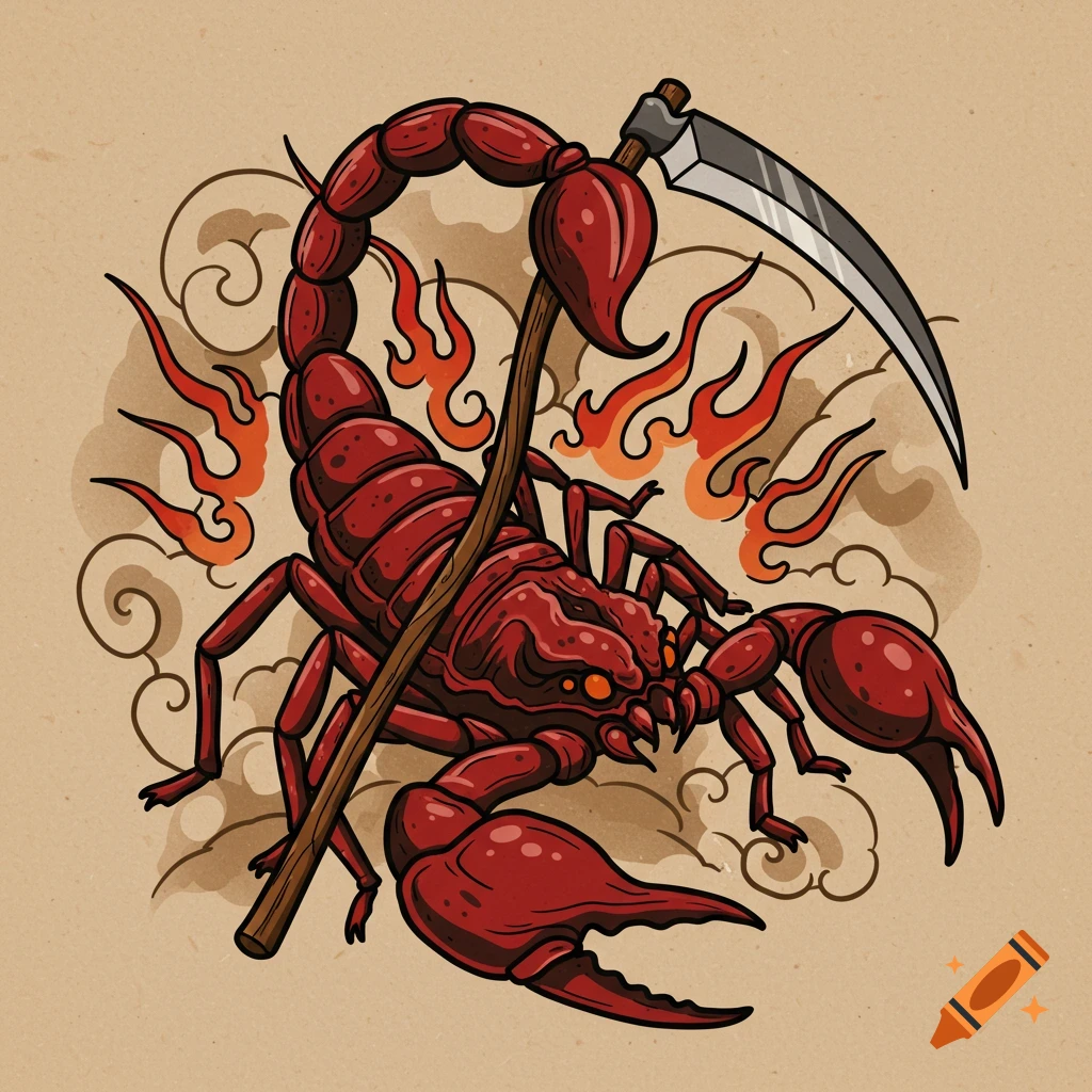 Red scorpion holding a scythe, surrounded by flames and clouds, in an American traditional tattoo style illustration.