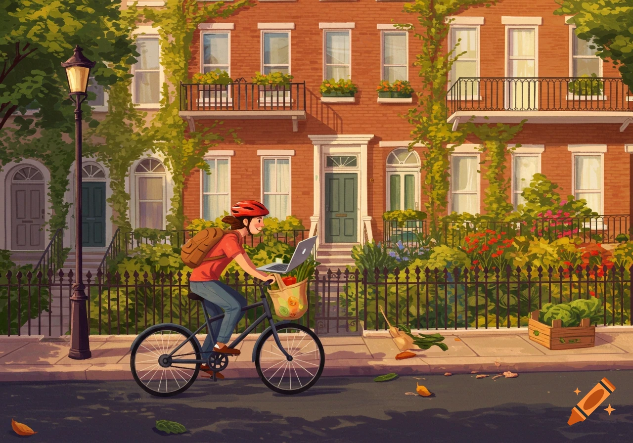 An illustration of a person riding a bicycle with a laptop and vegetables in a basket, passing brick buildings with gardens.