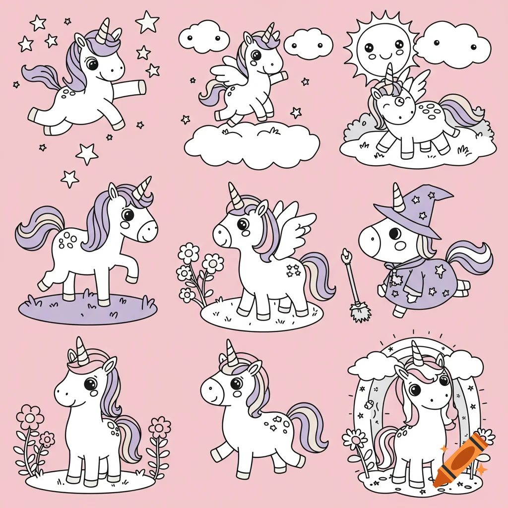 Nine cartoon unicorns in a coloring book style, some flying, one as a witch, one under a rainbow, on a pink background.