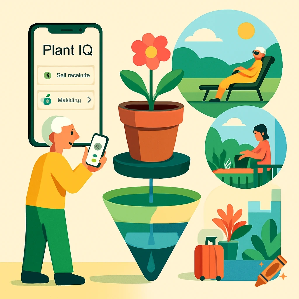 Conceptual illustration of Plant IQ's AI plant pot. A person uses an app for plant care, featuring automated watering and scenes of convenience.