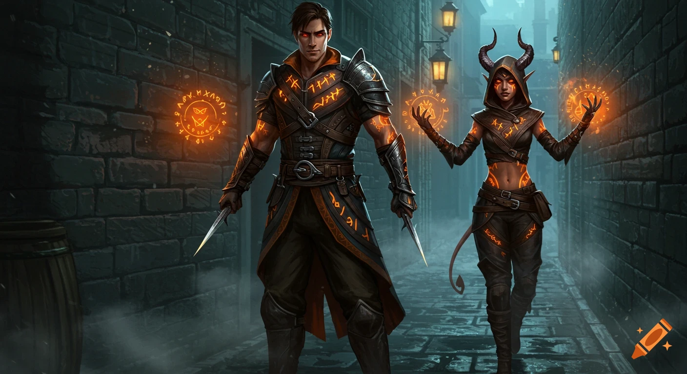 Two fantasy characters, a male assassin and a female elf with horns, stand in a dark alley. Both have glowing orange runic tattoos on their bodies and armor, and glowing magic symbols float around them.