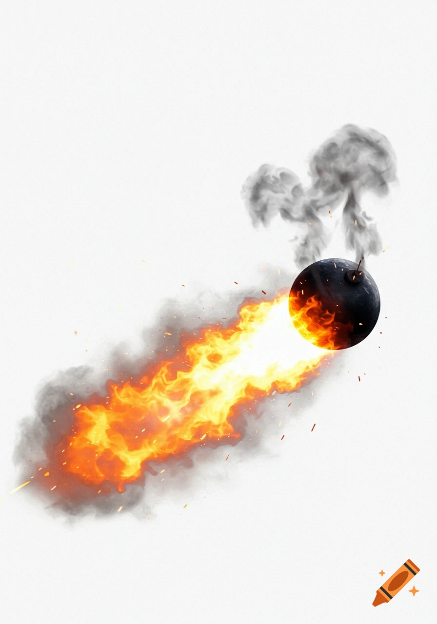 A black cannonball with a fiery orange and yellow trail of flames and dark smoke, moving diagonally on a white background.