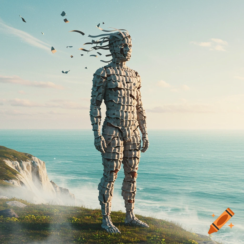 A surreal photorealistic image of a man made of egg cartons standing on a grassy cliff overlooking a vast blue ocean.