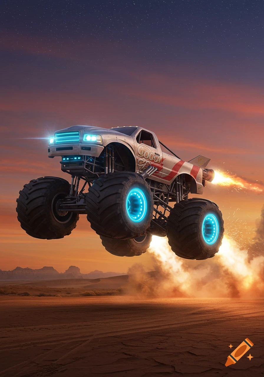 A futuristic monster truck with a rocket engine and glowing blue wheels jumps over a desert landscape at sunset.