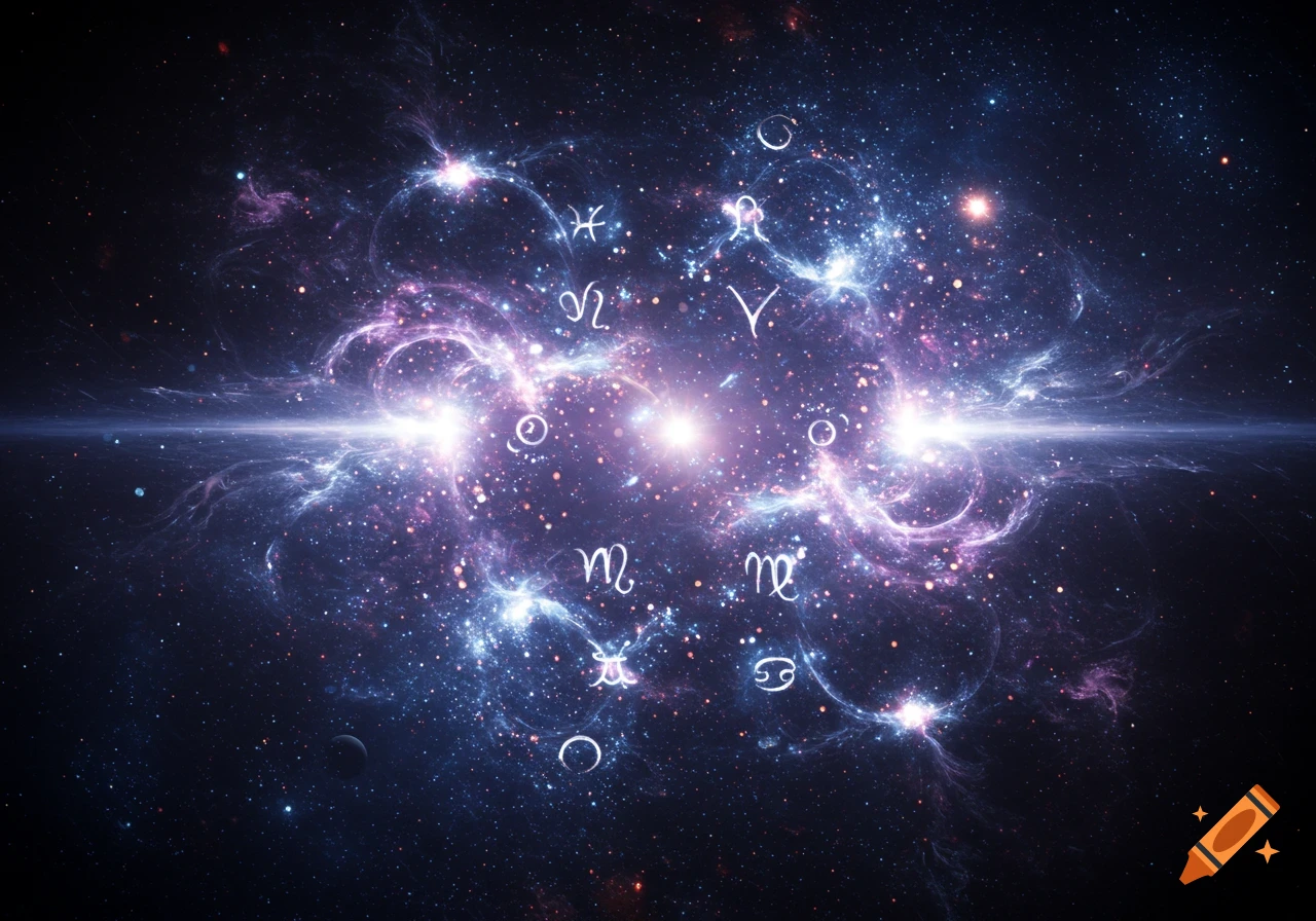 Vibrant galaxy with swirling nebulae, a bright central light, and white astrological zodiac symbols scattered throughout.