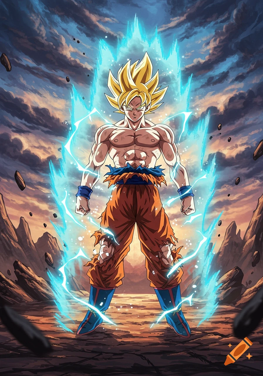 Goku, shirtless and powered up with golden hair and blue energy, stands in a rocky landscape under a dramatic sky in anime style.