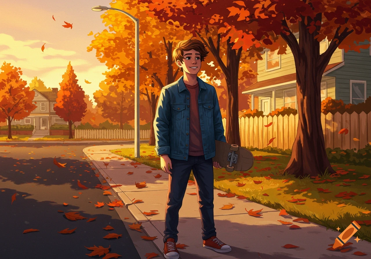 Cartoon teenage boy in a denim jacket standing on a sidewalk with a skateboard in an autumnal neighborhood.