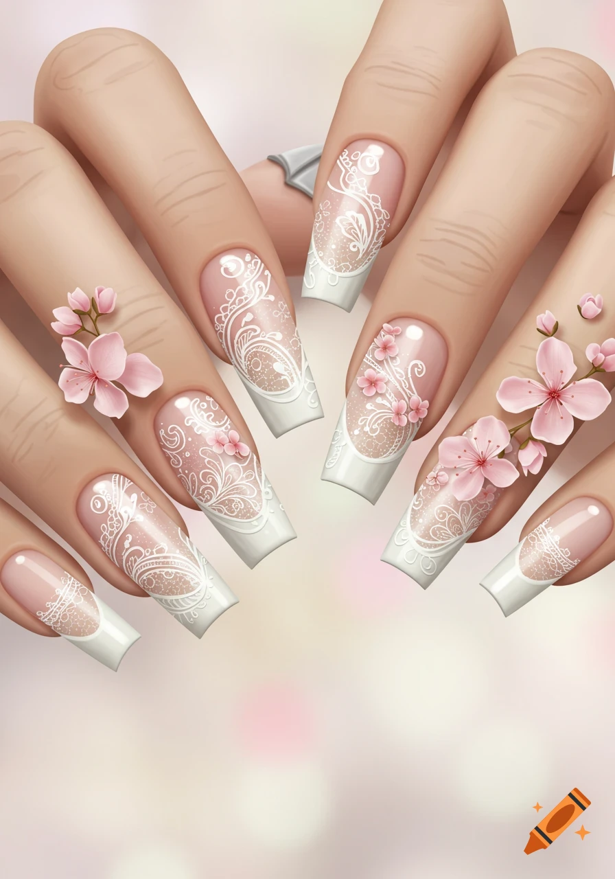 An illustration of hands with long, square-tipped nails featuring white lace patterns, French tips, and delicate pink cherry blossoms.