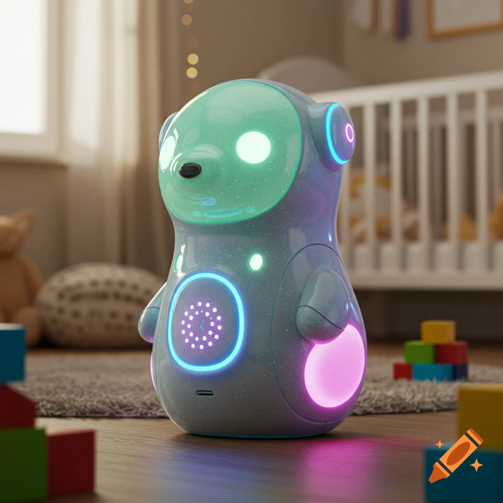 A photorealistic image of a futuristic, glowing robot toy with blue, green, and pink lights in a child's room.