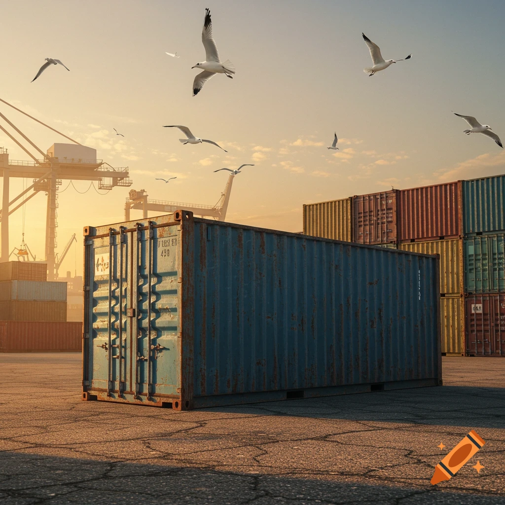 A photorealistic image of a blue shipping container on cracked asphalt, with other stacked containers and cranes at a port, under a sunset sky with flying seagulls.