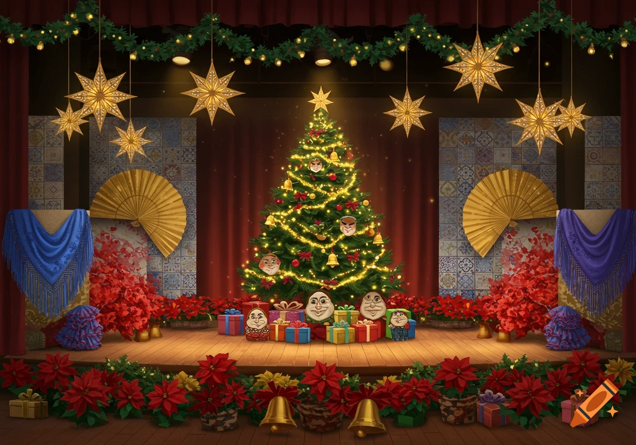 A festive Christmas stage background with a decorated tree, gifts, poinsettias, and Spanish-themed elements like fans and tiled walls.