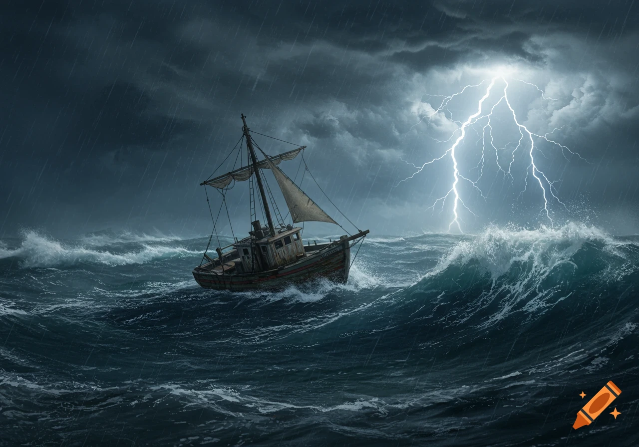 A small wooden boat battles huge waves and heavy rain on a dark, stormy sea, illuminated by a bright lightning strike from a cloudy sky.