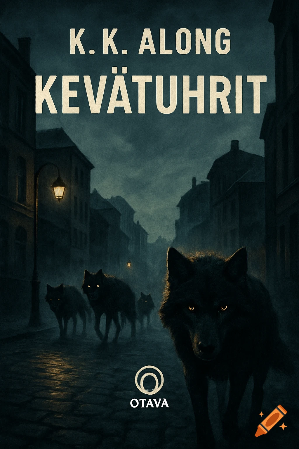 Dark book cover with black wolves with glowing eyes walking on a foggy city street. Text reads K.K. ALONG KEVÄTUHRIT and OTAVA.