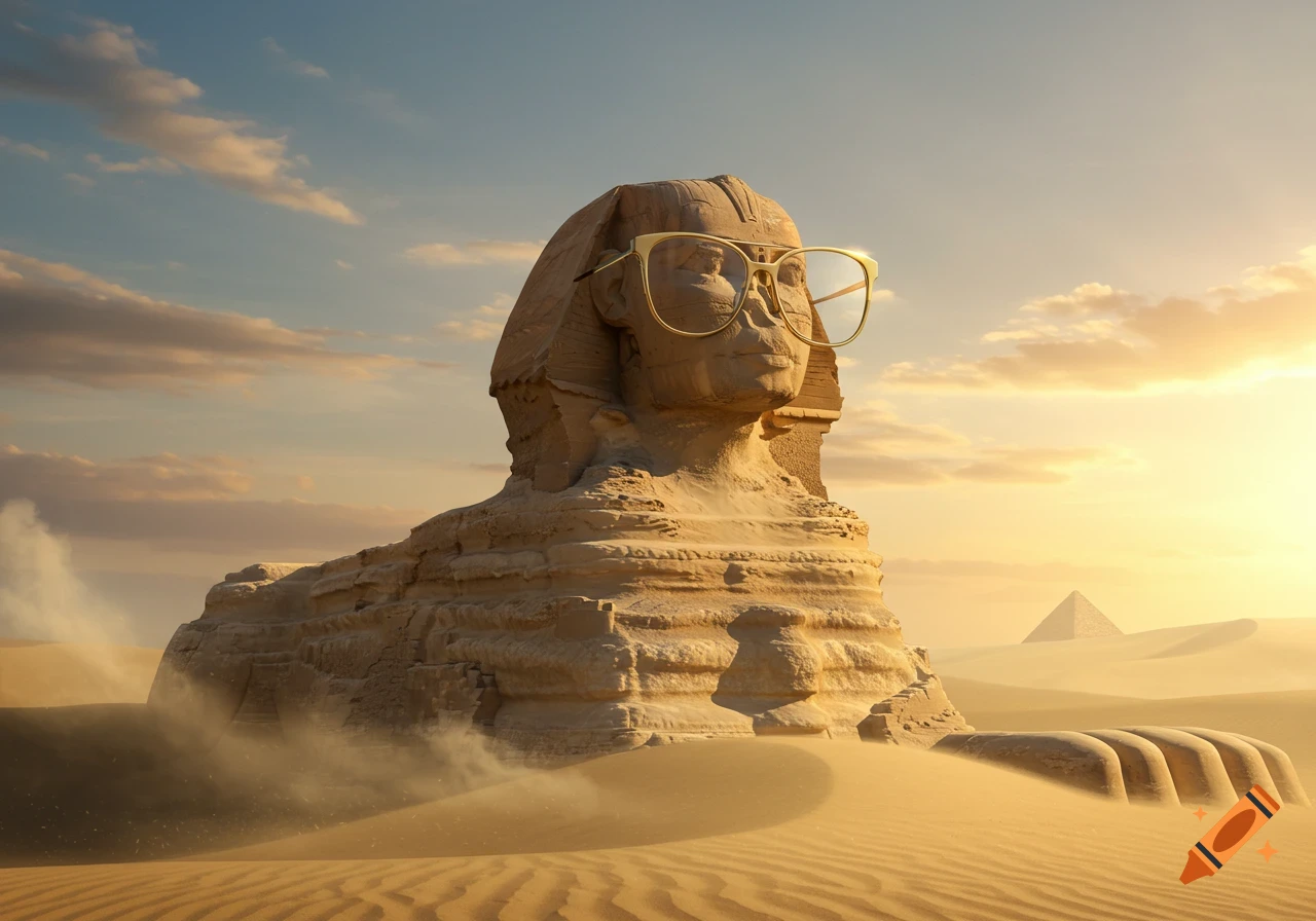 Photorealistic Great Sphinx in the desert at sunset, wearing large gold-rimmed glasses, with sand blowing and a distant pyramid.