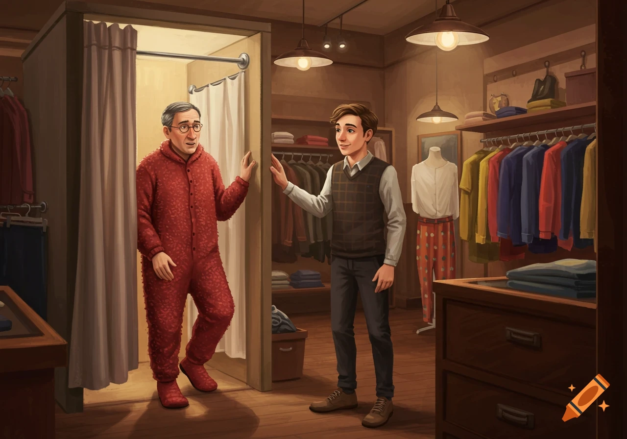 Illustrated scene: An older man in a red footed union suit exits a changing room, facing a young male clerk in a clothing store.